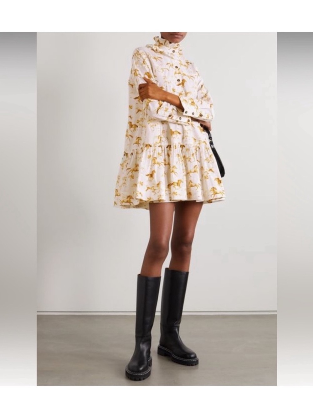 GANNI Mini White & Gold Horse Print Ruffle Tunic Dress